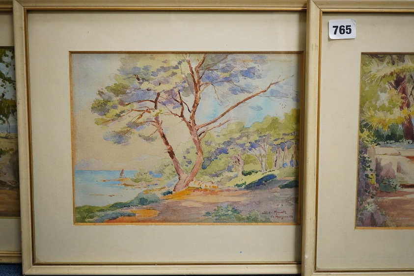 Italian School, ‘St. Marguerite and Parenzo’, each indistinctly signed and inscribed, pair of watercolours together with a similar impressionist oil, Figures before buildings, 21 x 24cm